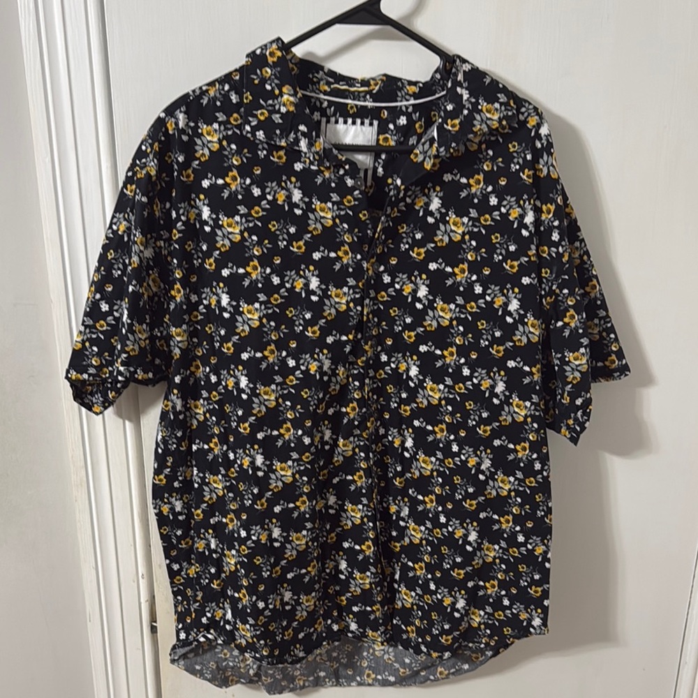 Floral Black and Yellow Button-Up Shirt